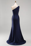 Navy One Shoulder Appliqued Mermaid Satin Mother of the Bride Dress with Slit