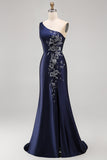 Navy One Shoulder Appliqued Mermaid Satin Mother of the Bride Dress with Slit
