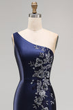 Navy One Shoulder Appliqued Mermaid Satin Mother of the Bride Dress with Slit