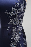 Navy One Shoulder Appliqued Mermaid Satin Mother of the Bride Dress with Slit