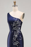 Navy One Shoulder Appliqued Mermaid Satin Mother of the Bride Dress with Slit