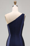 Navy One Shoulder Appliqued Mermaid Satin Mother of the Bride Dress with Slit