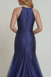 Navy Appliqued Halter Mermaid Satin Mother of the Bride Dress with Slit