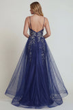 Navy Spaghetti Straps Sheath Applique Satin Mother of the Bride Dress with Slit