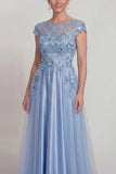 Blue Satin A Line Appliqued Lace Mother of the Bride Dress with Sleeve