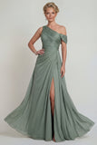 Dusty Sage One Shoulder A Line Ruched Chiffon Mother of the Bride Dress with Slit