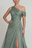 Dusty Sage One Shoulder A Line Ruched Chiffon Mother of the Bride Dress with Slit