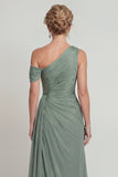 Dusty Sage One Shoulder A Line Ruched Chiffon Mother of the Bride Dress with Slit