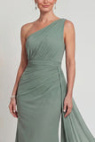 One Shoulder Sheath Dusty Sage Chiffon Mother of the Bride Dress with Cape