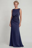 Navy Sheath Ruched Boat Neck Long Mother of the Bride Dress