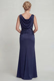 Navy Sheath Ruched Boat Neck Long Mother of the Bride Dress