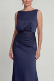 Navy Sheath Ruched Boat Neck Long Mother of the Bride Dress