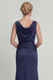 Navy Sheath Ruched Boat Neck Long Mother of the Bride Dress