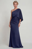 One Shoulder Navy Ruched Sheath Long Mother of the Bride Dress