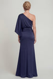 One Shoulder Navy Ruched Sheath Long Mother of the Bride Dress