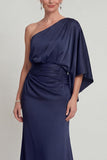 One Shoulder Navy Ruched Sheath Long Mother of the Bride Dress