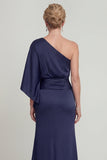 One Shoulder Navy Ruched Sheath Long Mother of the Bride Dress
