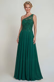 Dark Green A Line One Shoulder Long Chiffon Mother of the Bride Dress with Embroidery