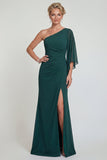 Dark Green Chiffon Mermaid One Shoulder Long Mother of the Bride Dress with Slit