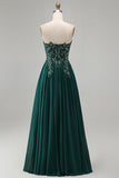 Dark Green Strapless A-Line Floral Beaded Long Formal Dress