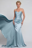 Blue Ruched Strapless Mermaid Long Satin Mother of the Bride Dress with Cape