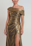 Metallic Golden Ruched Sheath One Shoulder Mother of the Bride Dress with Slit