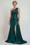 Metallic One Shoulder Dark Green Mermaid Long Mother of the Bride Dress with Slit
