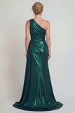 Metallic One Shoulder Dark Green Mermaid Long Mother of the Bride Dress with Slit
