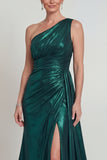 Metallic One Shoulder Dark Green Mermaid Long Mother of the Bride Dress with Slit