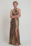 Halter Metallic Golden Sheath Open Back Mother of the Bride Dress with Slit