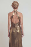 Halter Metallic Golden Sheath Open Back Mother of the Bride Dress with Slit
