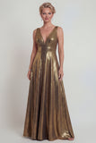 Golden A Line Metallic V Neck Long Mother of the Bride Dress