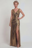 Golden Sheath Ruched Metallic Satin Mother of the Bride Dress with Slit