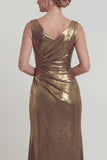 Golden Sheath Ruched Metallic Satin Mother of the Bride Dress with Slit
