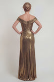 Off The Shoulder Metallic Golden Sheath Satin Mother of the Bride Dress with Slit