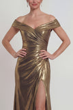 Off The Shoulder Metallic Golden Sheath Satin Mother of the Bride Dress with Slit
