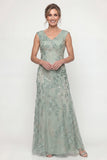 Green Embroidered A Line V Neck Long Mother of the Bride Dress with Sequins