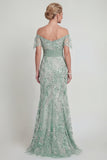 Off The Shoulder Green Mermaid Sequin Mother of the Bride Dress with Embroidery