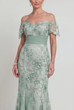 Off The Shoulder Green Mermaid Sequin Mother of the Bride Dress with Embroidery