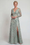 Green A Line Long Sleeves Sequin Mother of the Bride Dress with Slit