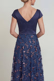Navy Sequins A Line V Neck Long Mother of the Bride Dress with Cap Sleeves
