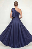 One Shoulder Navy Sheath Sequins Bowed Mother of the Bride Dress with Cape