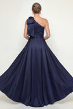 One Shoulder Navy Sheath Sequins Bowed Mother of the Bride Dress with Cape