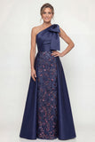 One Shoulder Navy Sheath Sequins Bowed Mother of the Bride Dress with Cape