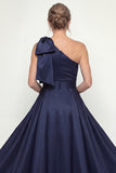 One Shoulder Navy Sheath Sequins Bowed Mother of the Bride Dress with Cape