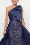 One Shoulder Navy Sheath Sequins Bowed Mother of the Bride Dress with Cape