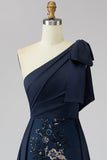 One Shoulder Navy Sheath Sequins Bowed Mother of the Bride Dress with Cape