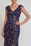 Sparkly Navy Sheath Cap Sleeves Long Mother of the Bride Dress with Sequins