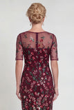 Burgundy Sheath Sequins Boat Neck Midi Mother of the Bride Dress