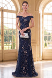 Navy Mermaid Off The Shoulder Long Mother of the Bride Dress with Sequins